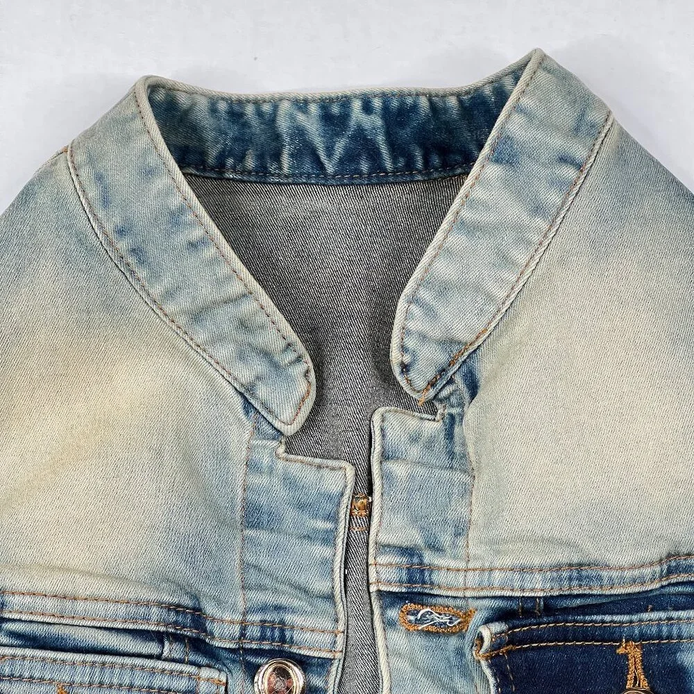 '90s Vintage Acid-Wash‎ Rose Embroidered Destroyed Goth Grunge Denim Vest Size 6
